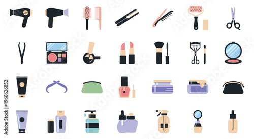 Cosmetics and beauty tools flat icons set makeup hair care