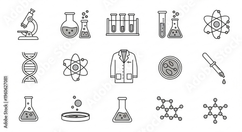 Science icons set including laboratory equipment microscope dna atoms lab coat and molecular structures on white background