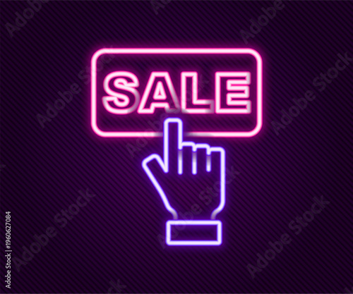 Glowing neon line Auction painting icon isolated on black background. Auction bidding. Sale and buyers. Colorful outline concept. Vector