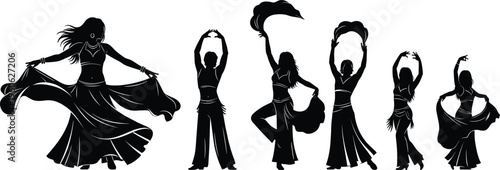 Belly dance silhouette set oriental dancer women performance arabic dance poses elegant movement traditional costume vector illustration collection