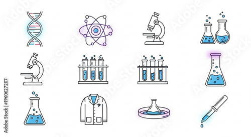 Science laboratory icons set including dna microscope test tubes beakers lab coat and pipette on white background for biology chemistry and research themes
