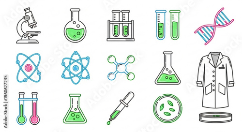 Science laboratory icons set including microscope beaker test tube dna lab coat and molecular structure on white background for biology chemistry and research concepts