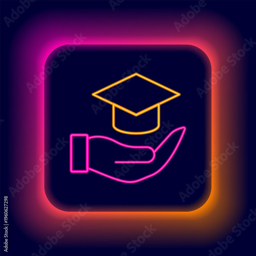Glowing neon line Education grant icon isolated on black background. Tuition fee, financial education, budget fund, scholarship program, graduation hat. Colorful outline concept. Vector