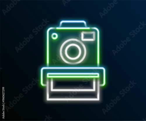 Glowing neon line Photo camera icon isolated on black background. Foto camera. Digital photography. Colorful outline concept. Vector
