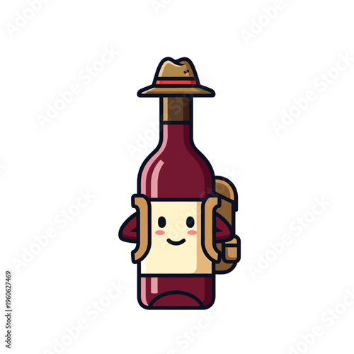 Cute cartoon wine bottle character with backpack and hat, ready for adventure