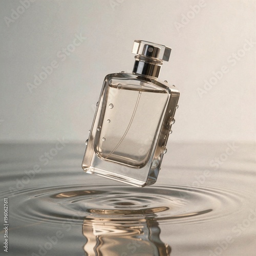 Two glass perfume bottles with black caps stand on a wet reflective surface with scattered water droplets and warm ambient backlighting.