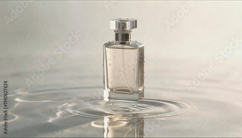 A luxury glass perfume bottle rests on a wet glass surface creating beautiful reflections and a fresh clean aesthetic in warm light.