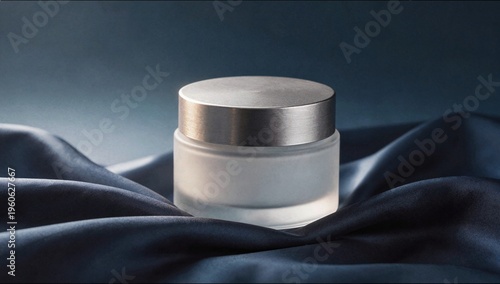 A minimalist white cosmetic tube with a silver cap is nestled among soft layers of beige silk fabric in a bright studio environment.