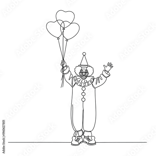 A clown wearing a pointed hat and holding heart-shaped balloons waves cheerfully.