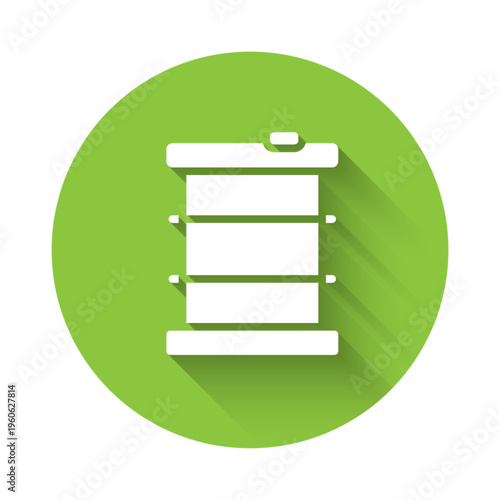 White Radioactive waste in barrel icon isolated with long shadow background. Toxic refuse keg. Radioactive garbage emissions, environmental pollution. Green circle button. Vector