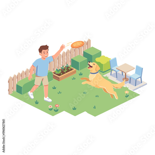 Man throws frisbee to jumping dog in backyard garden