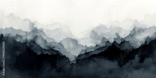 A majestic winter panorama of snow-covered mountains features a high alpine peak touching the clouds against a sunset sky as fog drifts over the icy glacier landscape