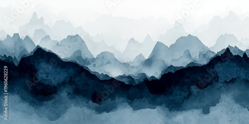 Misty snow-capped mountain peaks rise through thick clouds and morning fog over a blue alpine landscape at dawn, revealing a panoramic view of a forest valley and majestic peaks