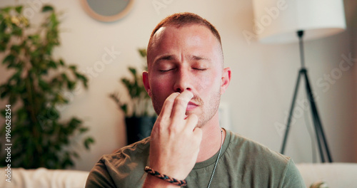 Photography Breathe, therapy and man on sofa for holistic healing, mindfulness or calm for counseling