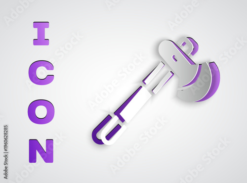 Paper cut Wooden axe icon isolated on grey background. Lumberjack axe. Paper art style. Vector