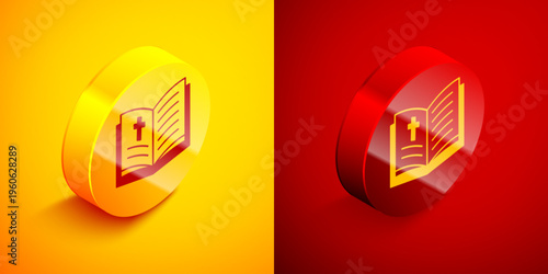 Isometric Holy bible book icon isolated on orange and red background. Circle button. Vector