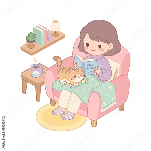 A woman sits on pink sofa reading book with cat on lap