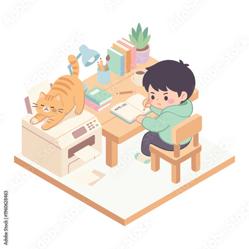 A boy studies intently at his desk while a curious cat sleeps nearby on a printer