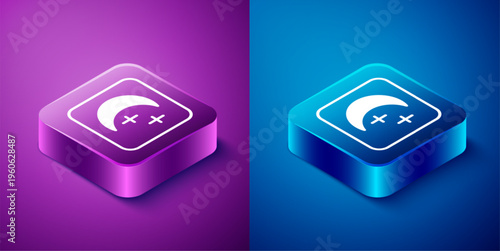 Isometric Moon and stars icon isolated on blue and purple background. Cloudy night sign. Sleep dreams symbol. Full moon. Night or bed time sign. Square button. Vector