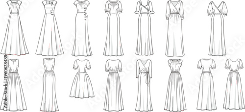 fashion, dresses, collection, technical, drawing, womens, apparel, flat, vector, illustration, clothing, design, template, outline, maxi, elegant, evening, sleeve, long, style