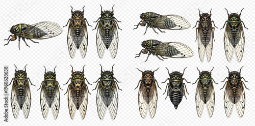 Collection of various cicada insects in different poses and colors on a transparent background.