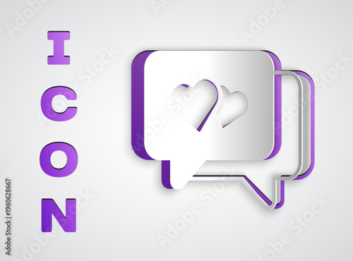 Paper cut Heart in speech bubble icon isolated on grey background. Happy Valentines day. Paper art style. Vector