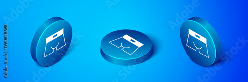 Isometric Men underpants icon isolated on blue background. Man underwear. Blue circle button. Vector