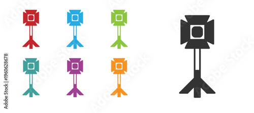 Black Studio light bulb in softbox icon isolated on white background. Shadow reflection design. Set icons colorful. Vector