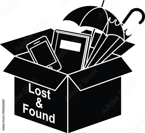 Lost and found box, personal belongings, misplaced items, smartphone, book, umbrellas, retrieval collection, storage icon, recovery symbol