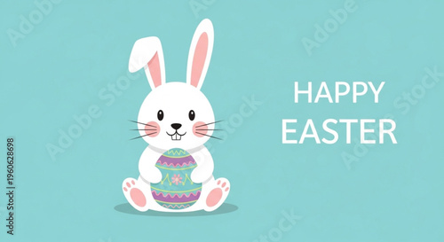 Adorable White Easter Rabbit Holding Ornamented Egg