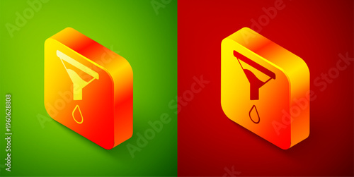 Isometric Funnel or filter icon isolated on green and red background. Square button. Vector