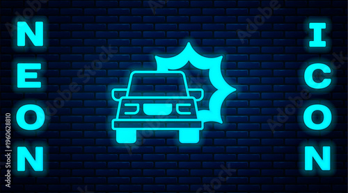Glowing neon Car accident icon isolated on brick wall background. Insurance concept. Security, safety, protection, protect concept. Vector