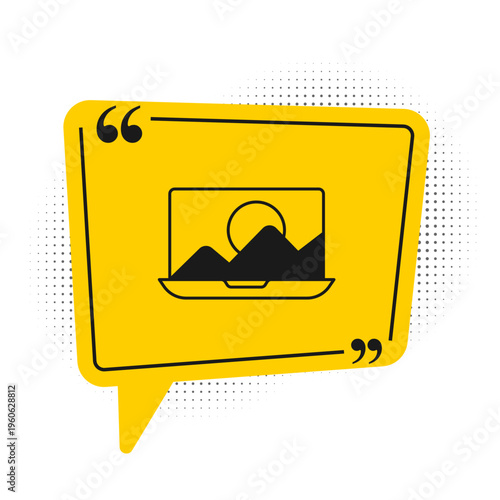 Black Photo retouching icon isolated on white background. Photographer, photography, retouch icon. Yellow speech bubble symbol. Vector