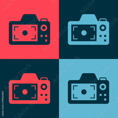 Pop art Photo camera icon isolated on color background. Foto camera. Digital photography. Vector