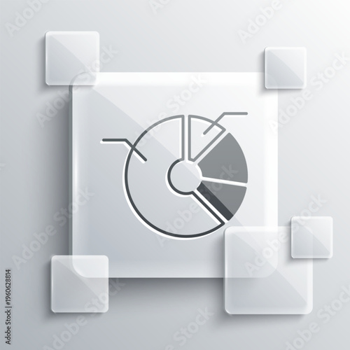 Grey Pie chart infographic icon isolated on grey background. Diagram chart sign. Square glass panels. Vector