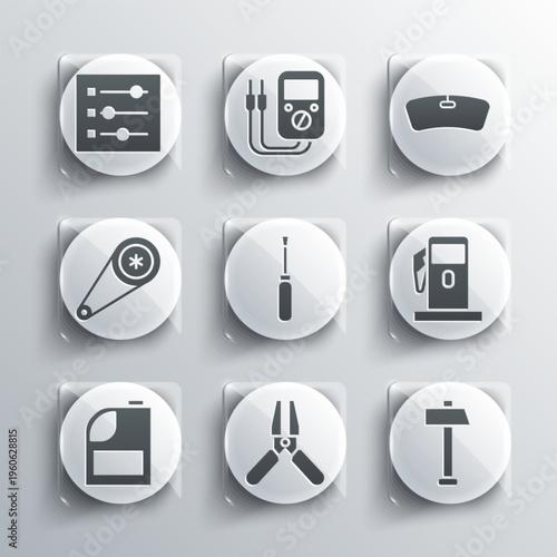 Set Car battery jumper power cable, Hammer, Petrol or Gas station, Screwdriver, Canister for motor machine oil, Timing belt kit, settings and Windshield icon. Vector