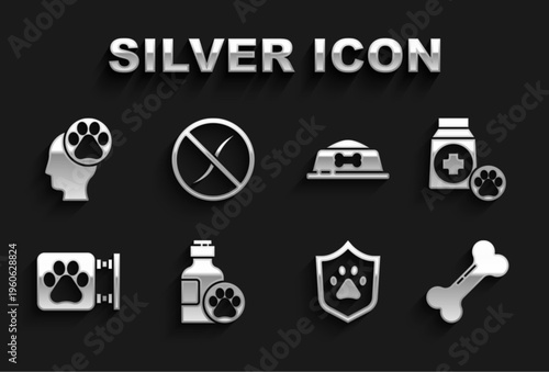 Set Pet shampoo, Bag of food, Dog bone, Animal health insurance, Veterinary clinic, bowl, Human with animals footprint and Anti worms parasite icon. Vector