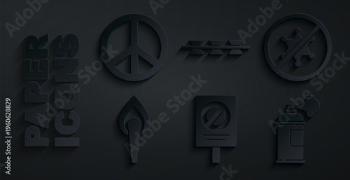 Set Protest, Torch flame, Paint spray can, Barbed wire and Peace icon. Vector