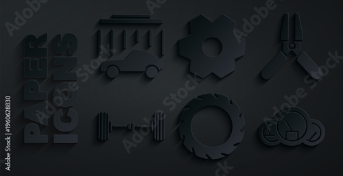 Set Car tire wheel, battery jumper power cable, Chassis car, Speedometer, Gear and wash icon. Vector