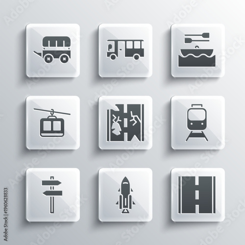 Set Rocket ship with fire, Road, Train and railway, Broken road, traffic signpost, Cable car, Wild west covered wagon and Boat oars icon. Vector