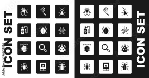 Set Cockroach, Mite, Pressure sprayer, Insect fly, Mosquito, Butterfly net, Ladybug and Larva insect icon. Vector