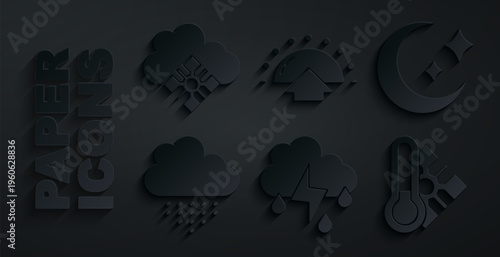 Set Cloud with rain and lightning, Moon stars, Meteorology thermometer, Sunrise and snow icon. Vector