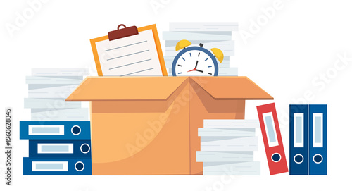 Office Supplies and Paperwork in a Cardboard Box