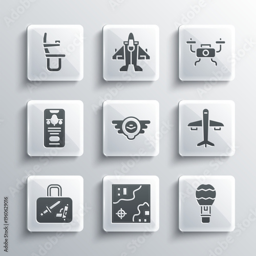 Set World travel map, Hot air balloon, Plane, Aviation emblem, Suitcase, Mobile with ticket, Airplane seat and Drone flying icon. Vector