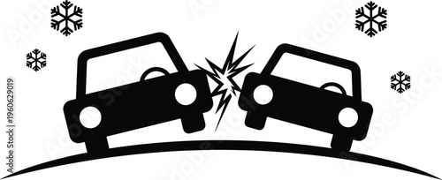 Winter car accident, icy road collision, snowy weather crash, vehicle safety hazard, traffic danger, driving risk, transportation warning