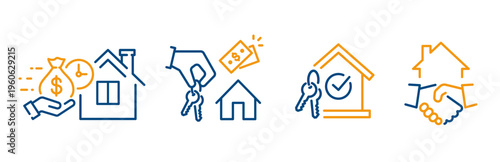 estate rent icon set, icons of give key in hand, home loan, payout house credit, house purchase, line vectors on white