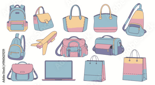 A set of elegant fashion accessories featuring leather handbags and purses in pink and brown patterns, designed as a stylish vector illustration for a personal beauty and retail object collection