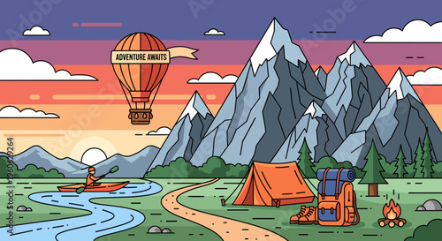Vibrant outdoor adventure landscape at sunset with hot air balloon, mountains, kayaker, and campsite.