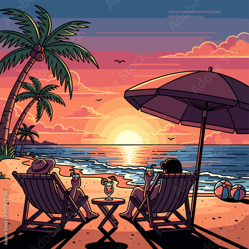 Two people relaxing on beach chairs watching a vibrant sunset over the ocean with palm trees and drinks, in a cartoonish style.