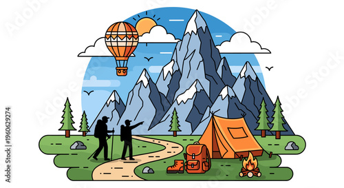 Illustrative scene of hikers with backpacks and trekking poles on a path leading towards majestic mountains, with a tent, campfire, and hot air balloon in the sky.